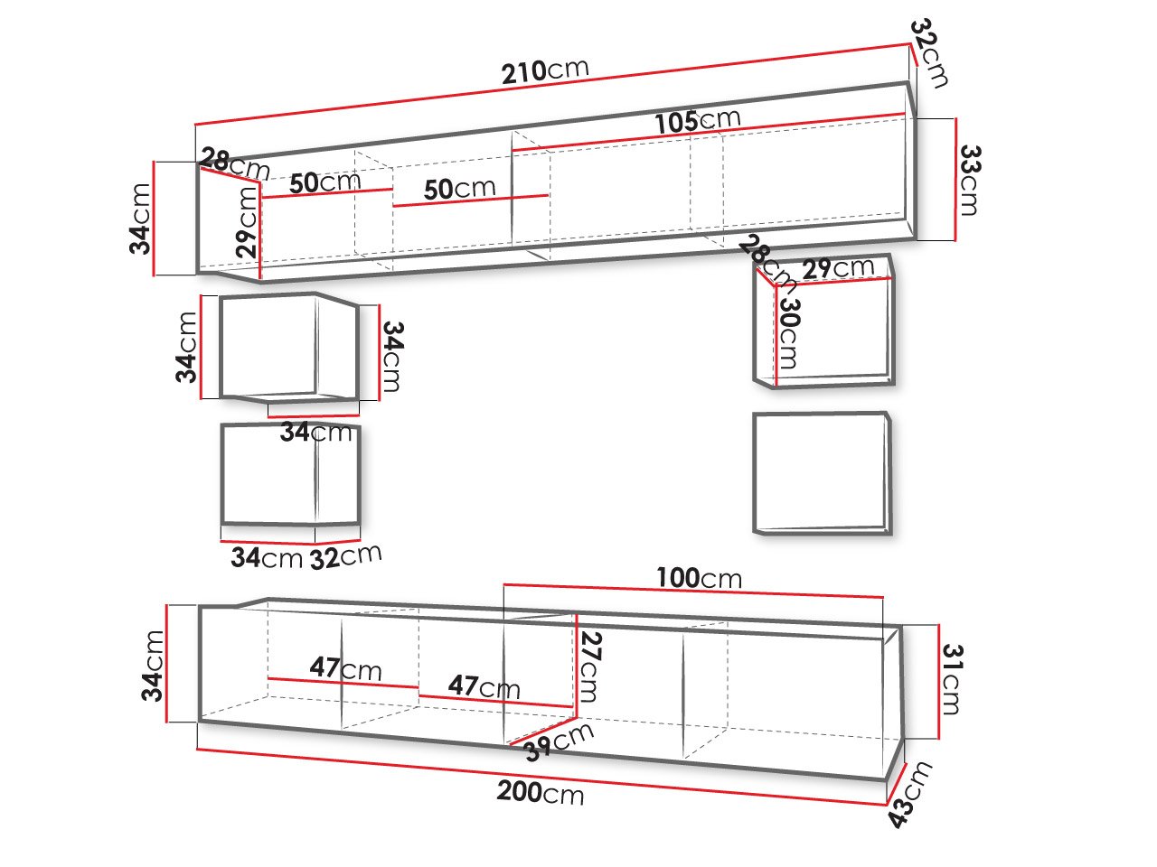 מידות יחידת קיר לסלון דגם Bralani XVI