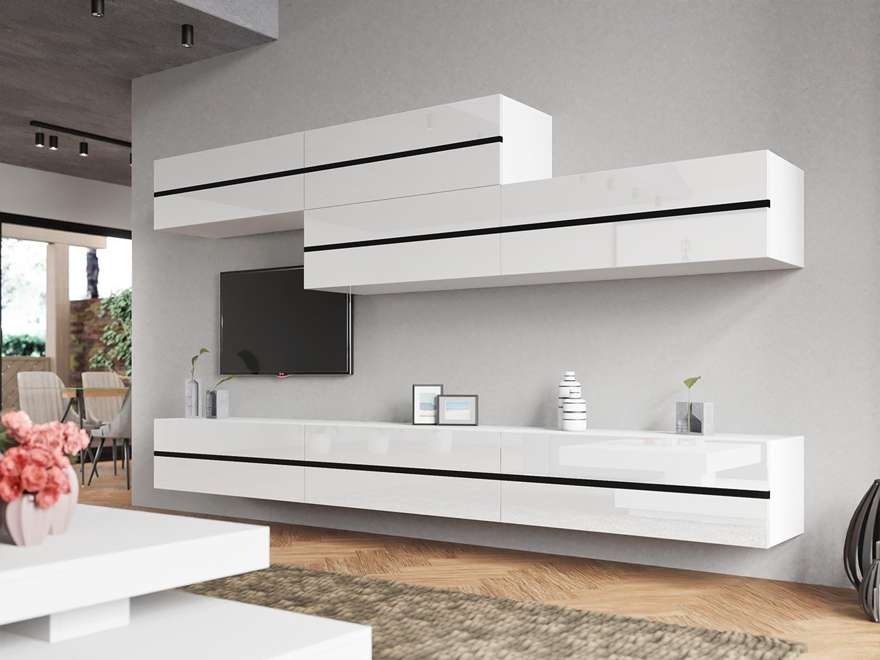 סט ארונות לטלויזיה לבן פס שחור דגם Marcos IX