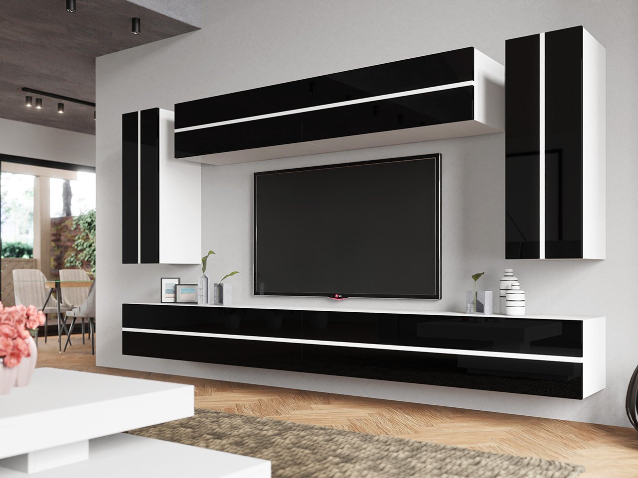 סט מזנון 4 חלקים לטלויזיה בצבע שחור פס לבן דגם Marcos I