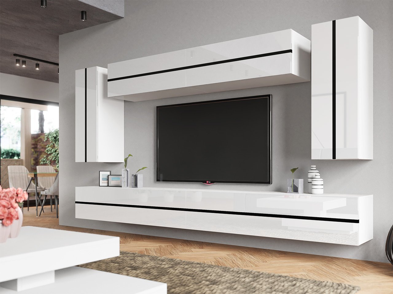 סט מזנון טלויזיה לסלון בצבע לבן פס שחור דגם Marcos I