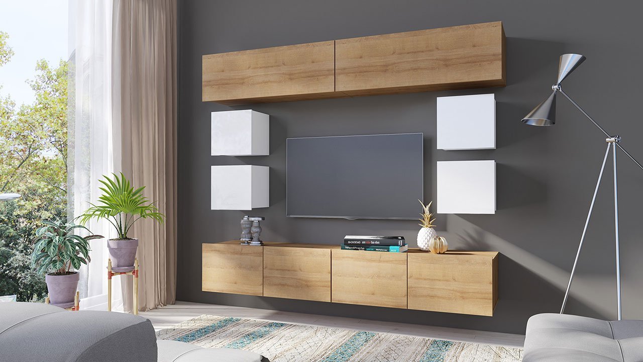 סט מזנון טלויזיה צף עץ ולבן דגם Bralani XVI