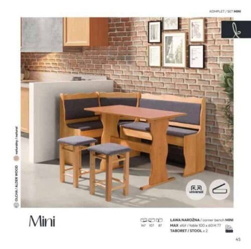 ריהוט סלון מעץ אלדר עם שולחן פינת אוכל קומפקטי ומזכרות נוחות למטבח מינה.
